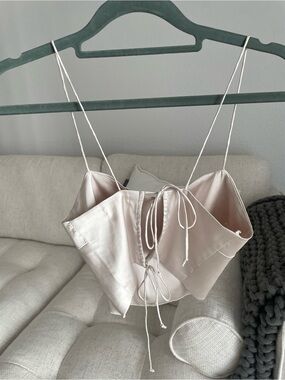 Satin Cropped Cami Open Tie Back Bow Champagne Dainty Going Out Top